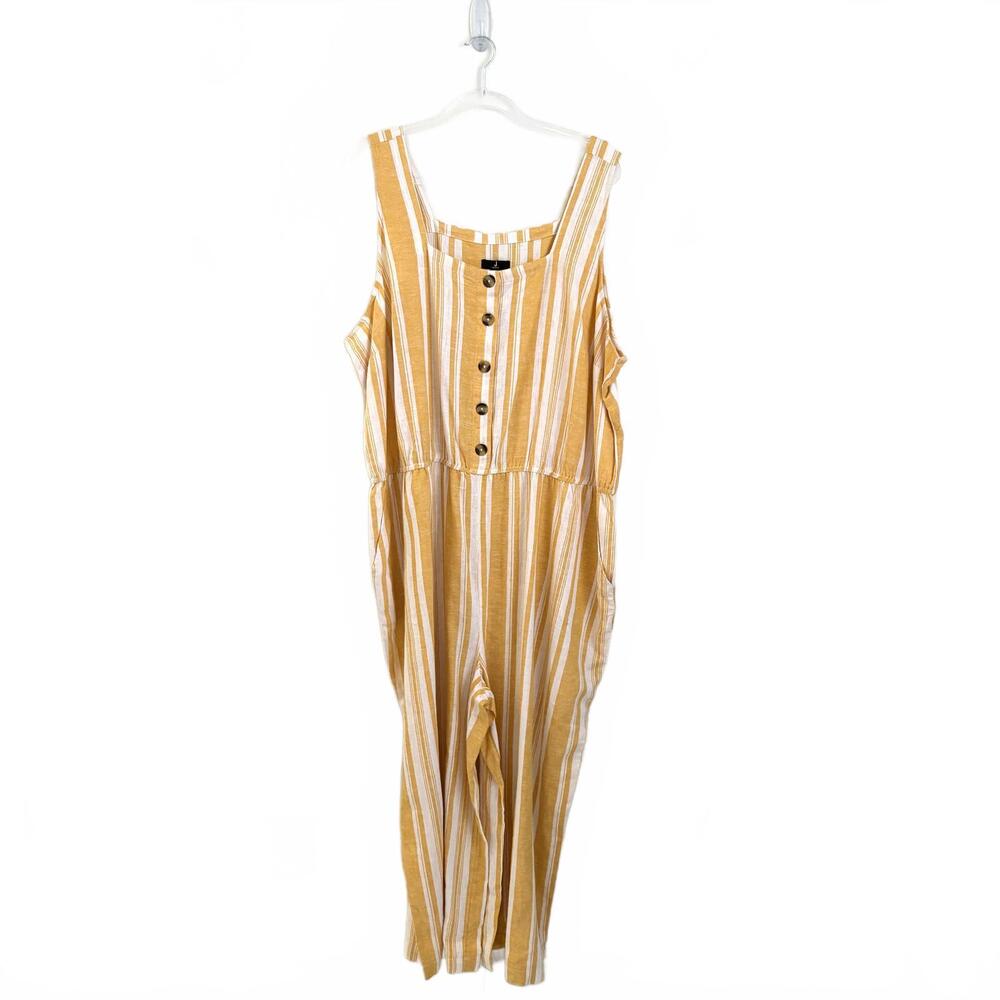 Jason Wu | Women’s Linen Yellow White Striped Tank Wide‎ Leg Button Jumpsuit 3XP